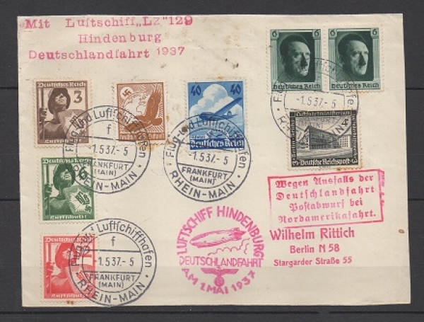 Briefstück befördert mit Luftschiff "Hindenburg" LZ 129.